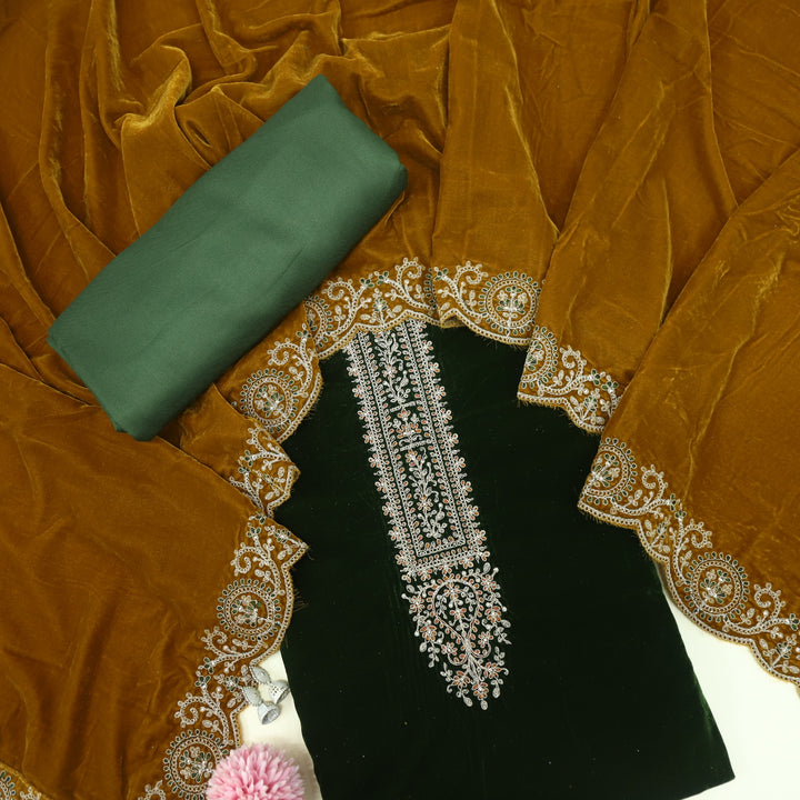 Noor Royal Green Zari Work Velvet Top with Velvet Dupatta