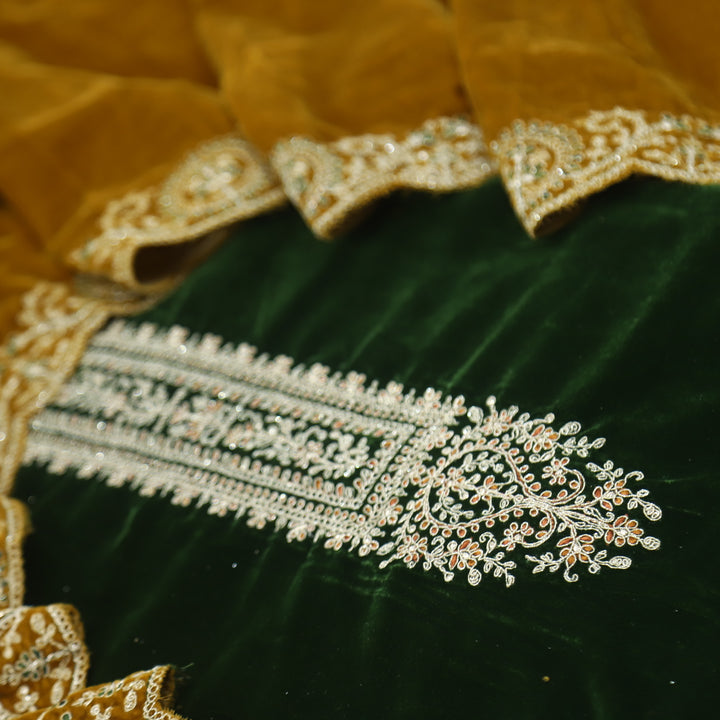 Noor Royal Green Zari Work Velvet Top with Velvet Dupatta