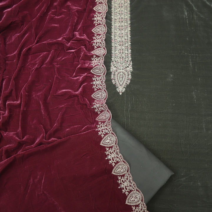 Noor Soft Grey Zari Work Velvet Top with Velvet Dupatta