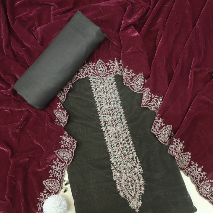 Noor Soft Grey Zari Work Velvet Top with Velvet Dupatta