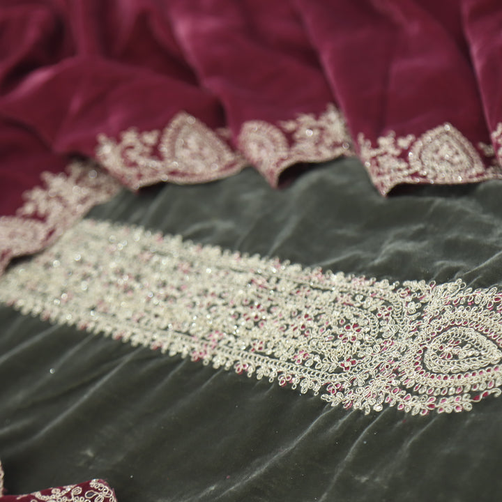Noor Soft Grey Zari Work Velvet Top with Velvet Dupatta