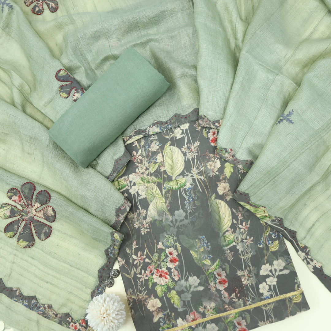 Garj Mehndi Green Semi Pashmina Top with Semi Pashmina Dupatta