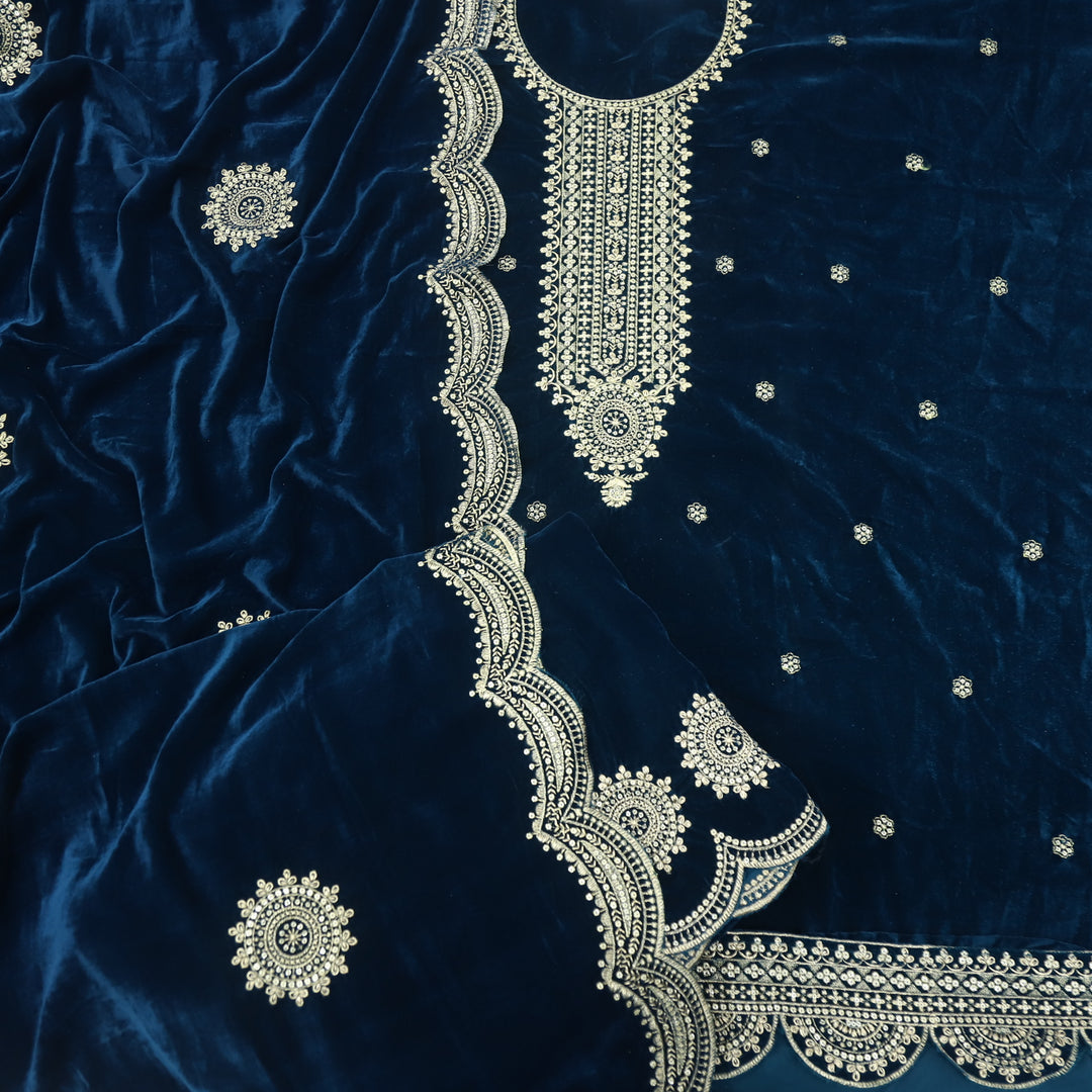 Noor Royal Blue Zari Work Velvet Top with Velvet Dupatta