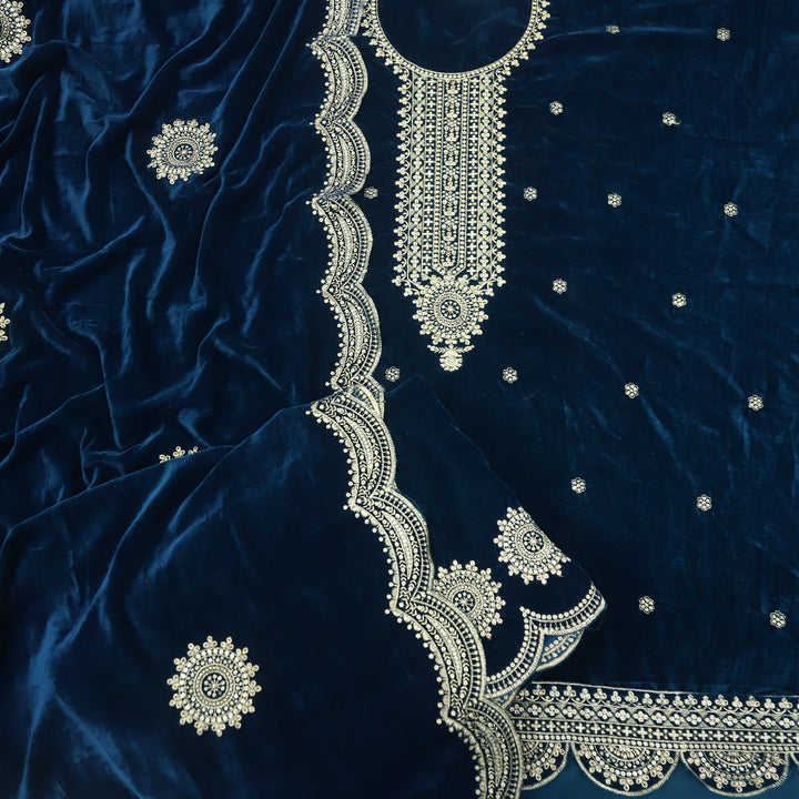Noor Royal Blue Zari Work Velvet Top with Velvet Dupatta
