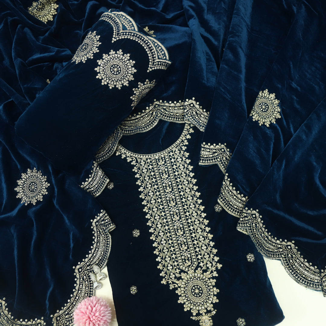 Noor Royal Blue Zari Work Velvet Top with Velvet Dupatta