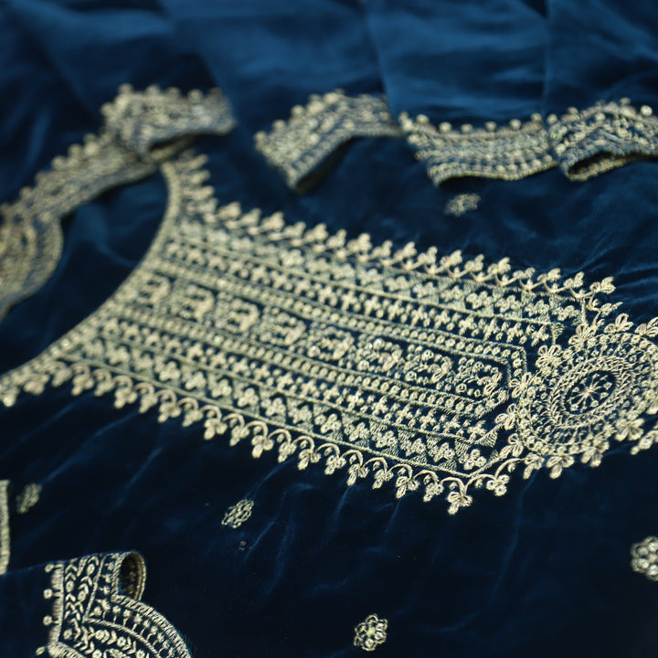 Noor Royal Blue Zari Work Velvet Top with Velvet Dupatta