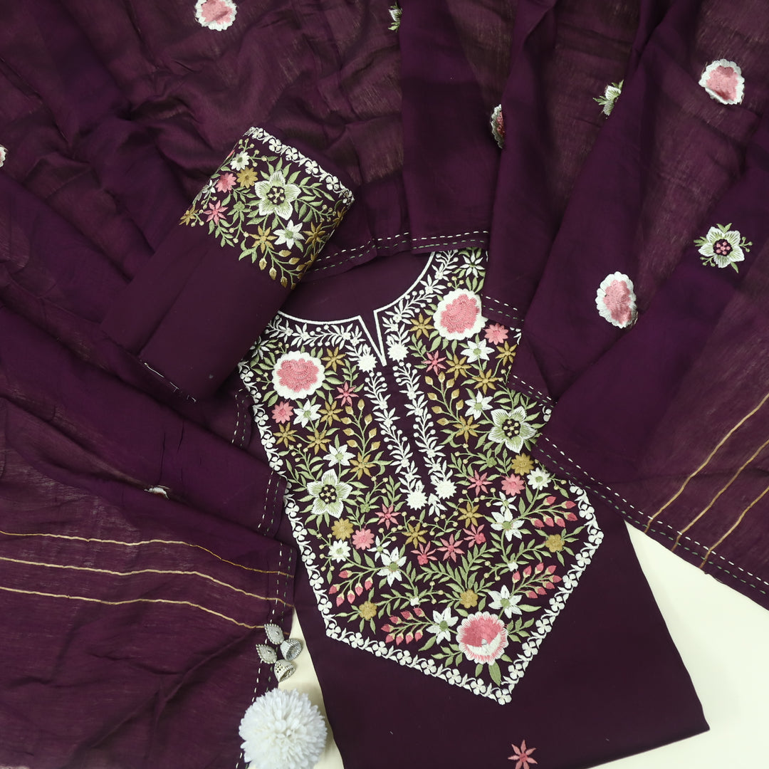 Bayaabaan Wine Purple Glazed Cotton Top with Chanderi Silk Dupatta