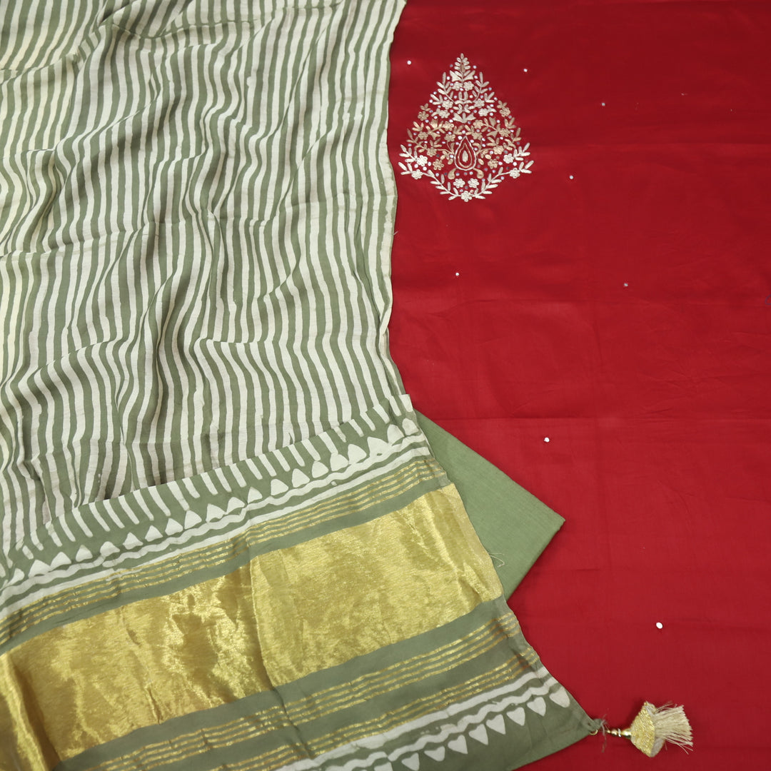 Ranjish Ruby Red Jam Cotton Satin Top With Gajji Silk Dupatta