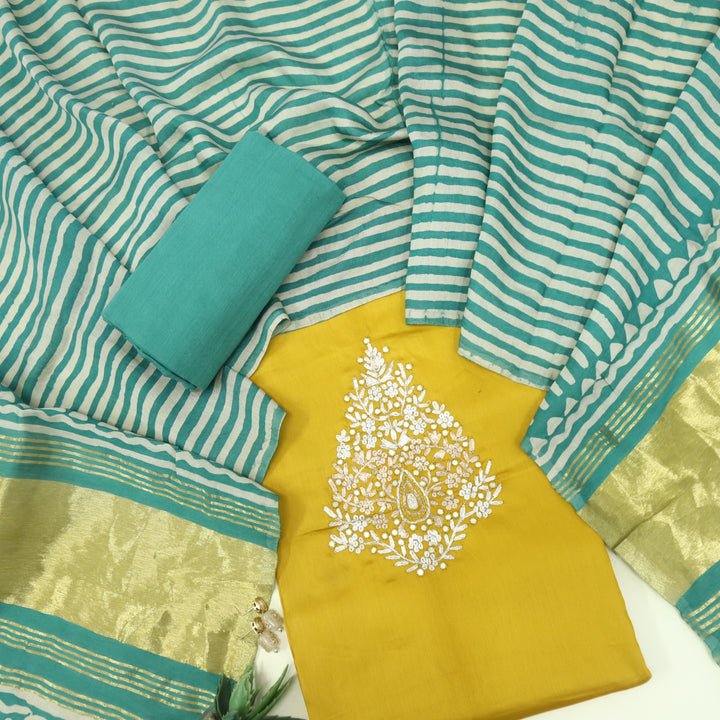Ranjish Canary Yellowe Jam Cotton Satin Top With Gajji Silk Dupatta