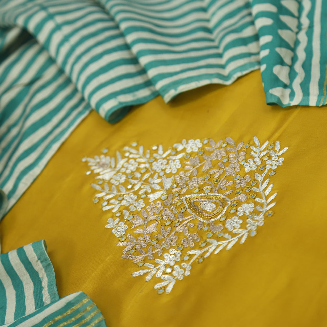 Ranjish Canary Yellowe Jam Cotton Satin Top With Gajji Silk Dupatta