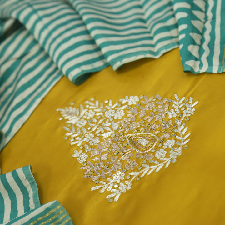Ranjish Canary Yellowe Jam Cotton Satin Top With Gajji Silk Dupatta