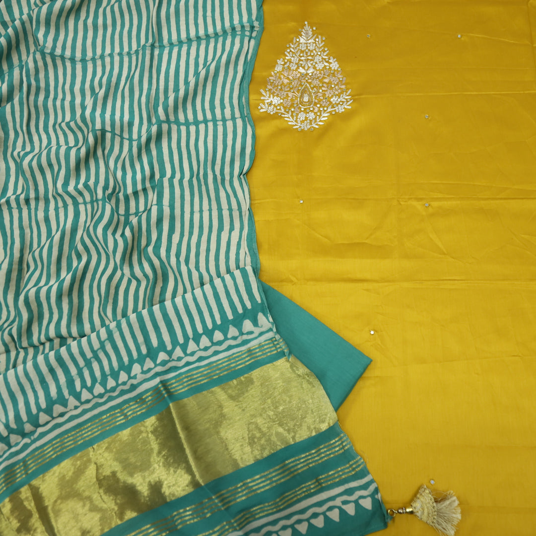 Ranjish Canary Yellowe Jam Cotton Satin Top With Gajji Silk Dupatta