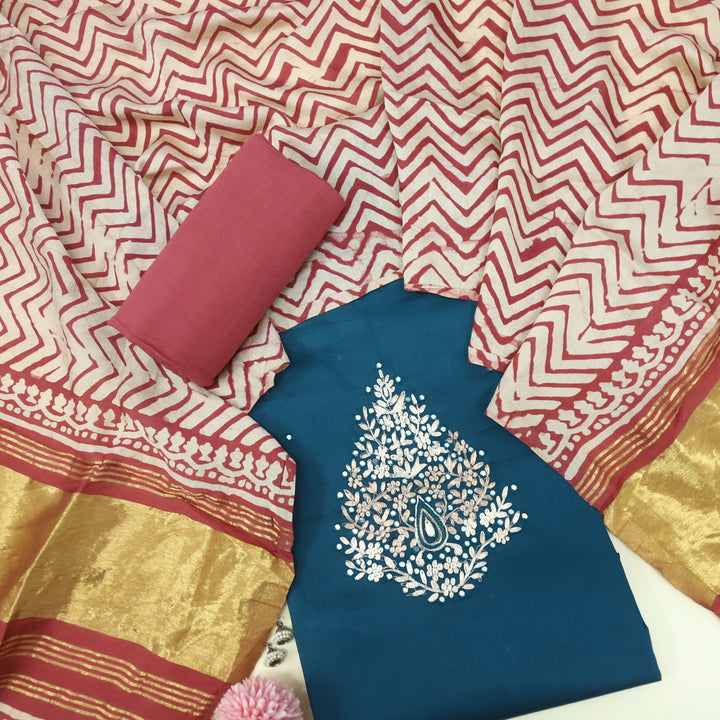 Ranjish Midnight Blue Jam Cotton Satin Top With Gajji Silk Dupatta