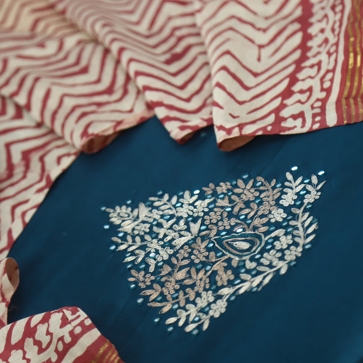 Ranjish Midnight Blue Jam Cotton Satin Top With Gajji Silk Dupatta