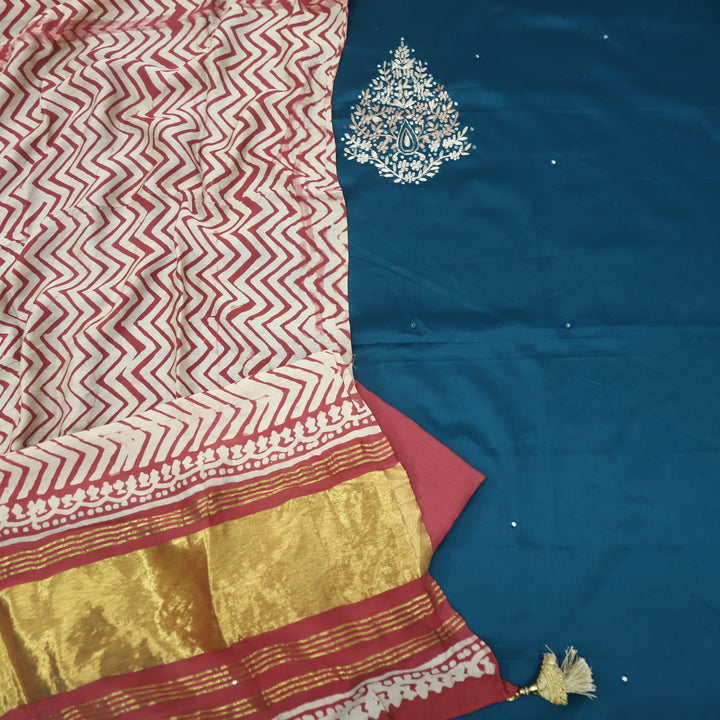 Ranjish Midnight Blue Jam Cotton Satin Top With Gajji Silk Dupatta