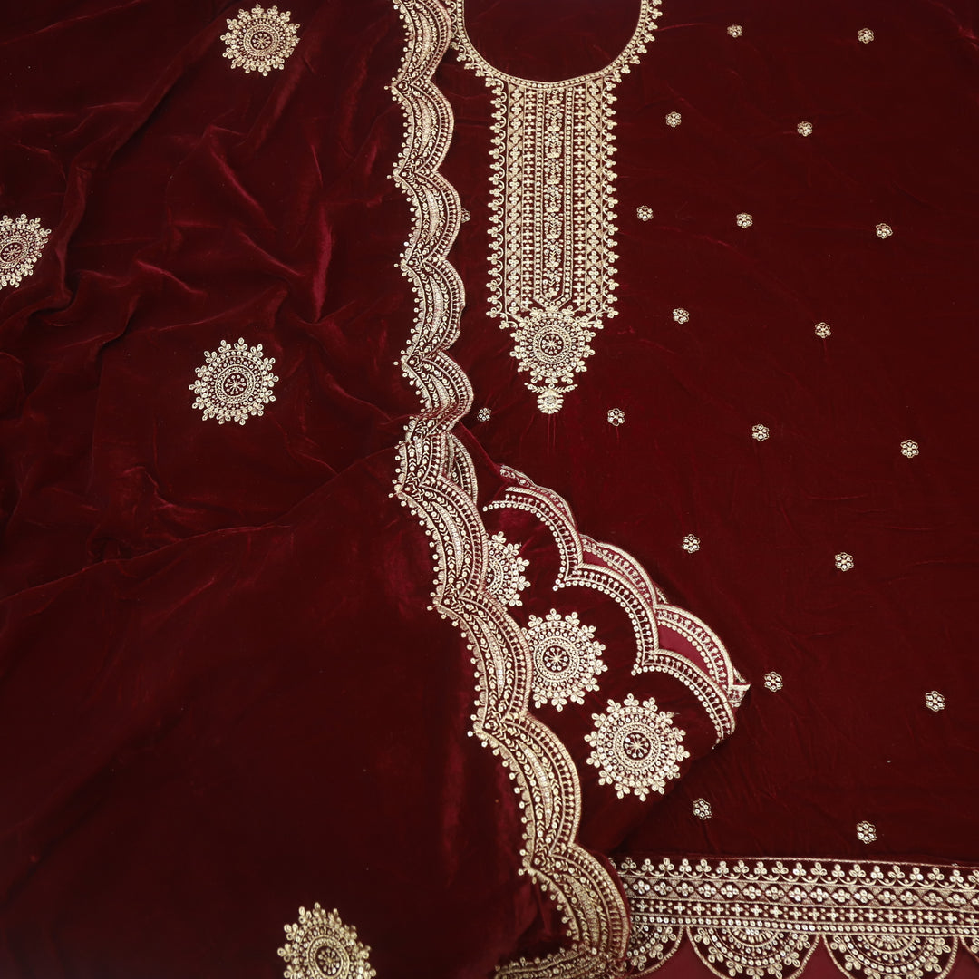 Noor Maroon Red Zari Work Velvet Top with Velvet Dupatta