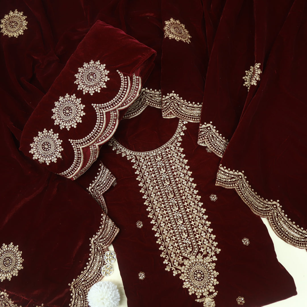 Noor Maroon Red Zari Work Velvet Top with Velvet Dupatta