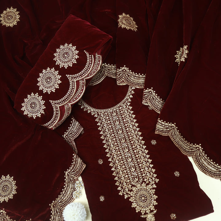 Noor Maroon Red Zari Work Velvet Top with Velvet Dupatta