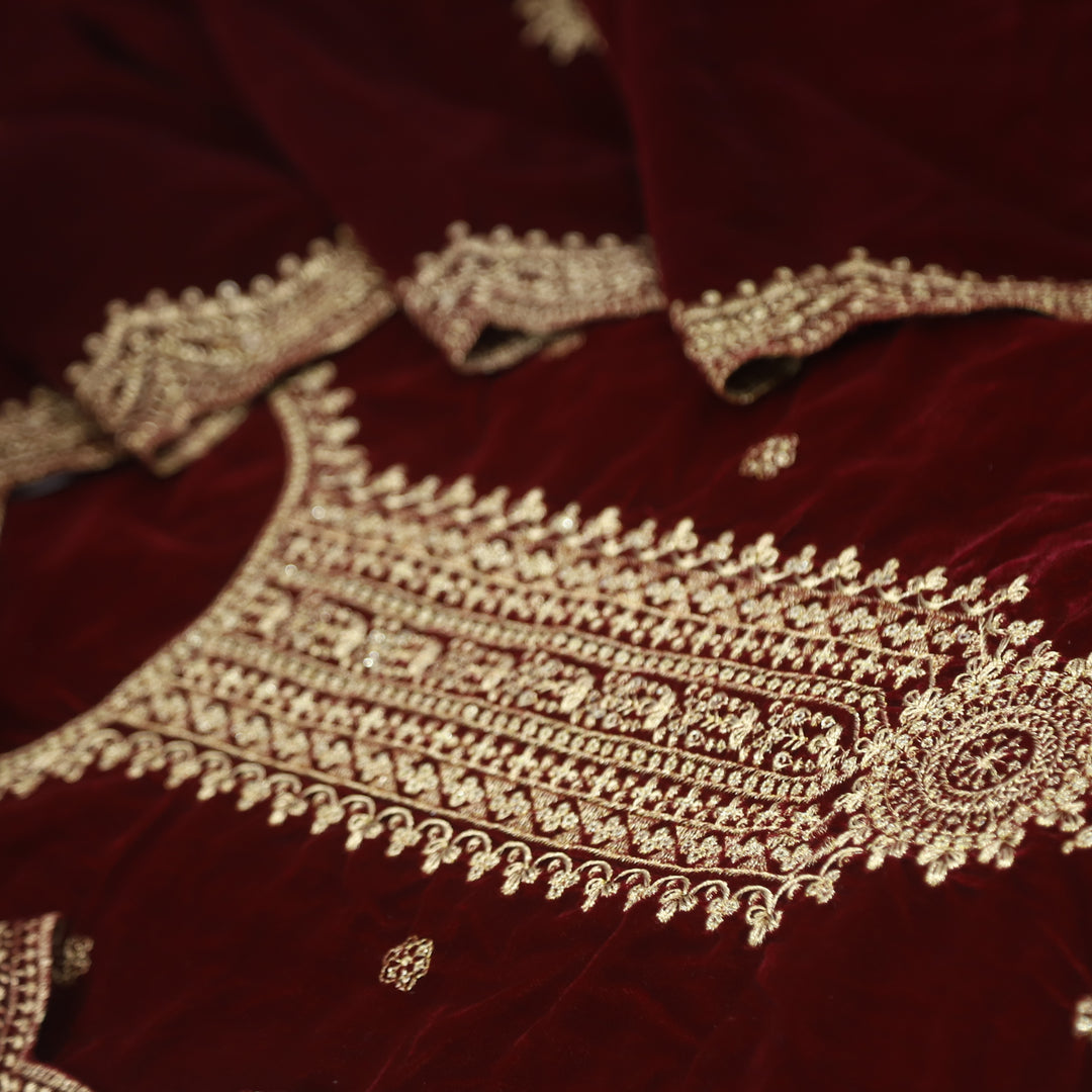Noor Maroon Red Zari Work Velvet Top with Velvet Dupatta