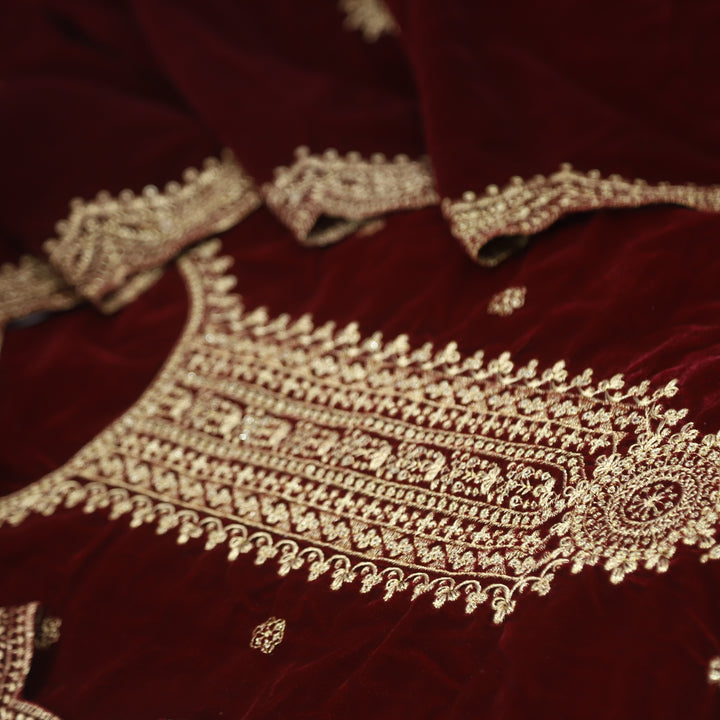 Noor Maroon Red Zari Work Velvet Top with Velvet Dupatta