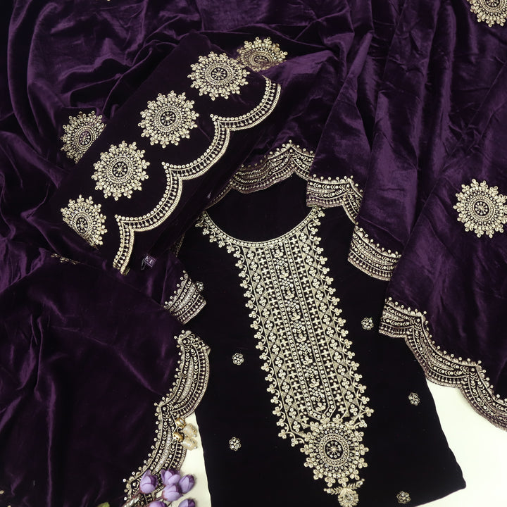 Noor Highness Purple Zari Work Velvet Top with Velvet Dupatta