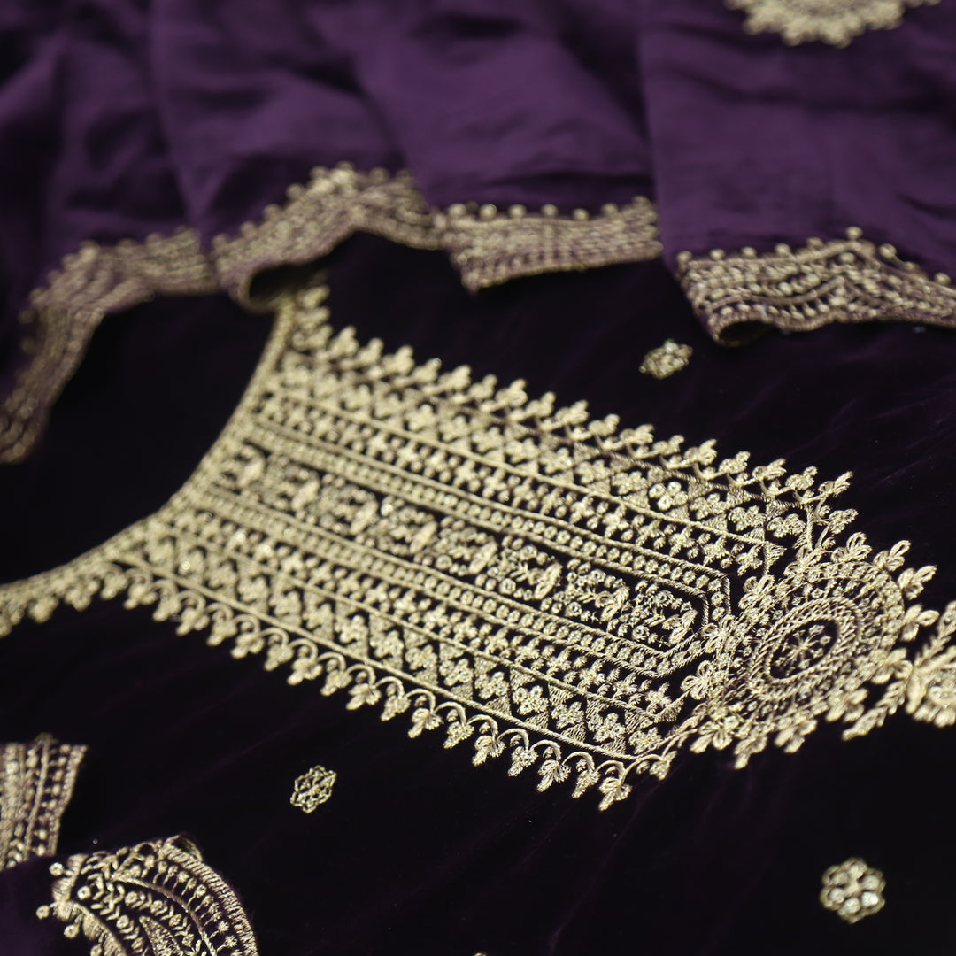 Noor Highness Purple Zari Work Velvet Top with Velvet Dupatta