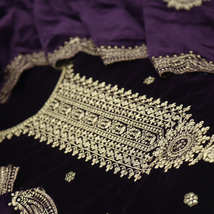 Noor Highness Purple Zari Work Velvet Top with Velvet Dupatta