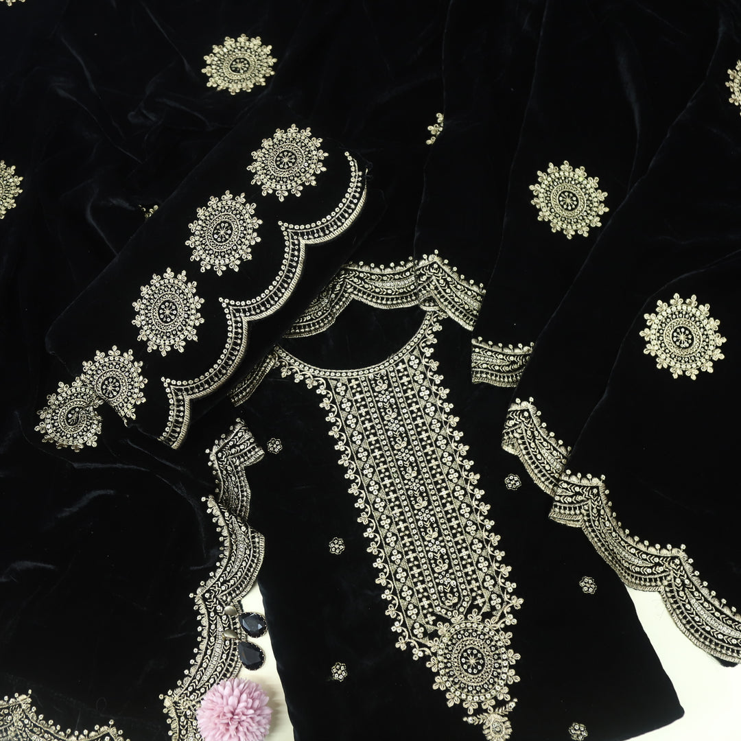 Noor Ebony Black Zari Work Velvet Top with Velvet Dupatta