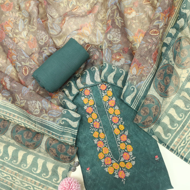 Kohinoor Fern Green Chanderi Top with Printed Chanderi Dupatta