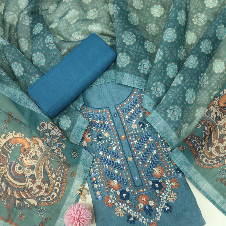 Kohinoor Faded Blue Chanderi Top with Printed Chanderi Dupatta