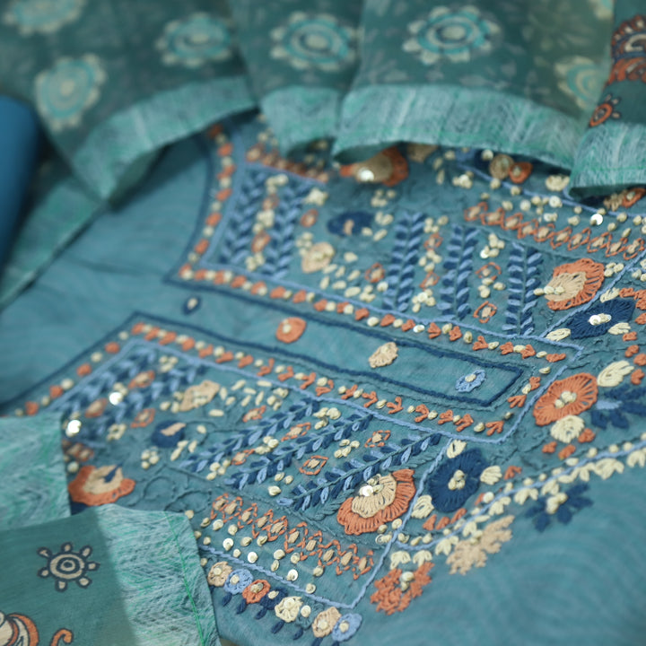 Kohinoor Faded Blue Chanderi Top with Printed Chanderi Dupatta