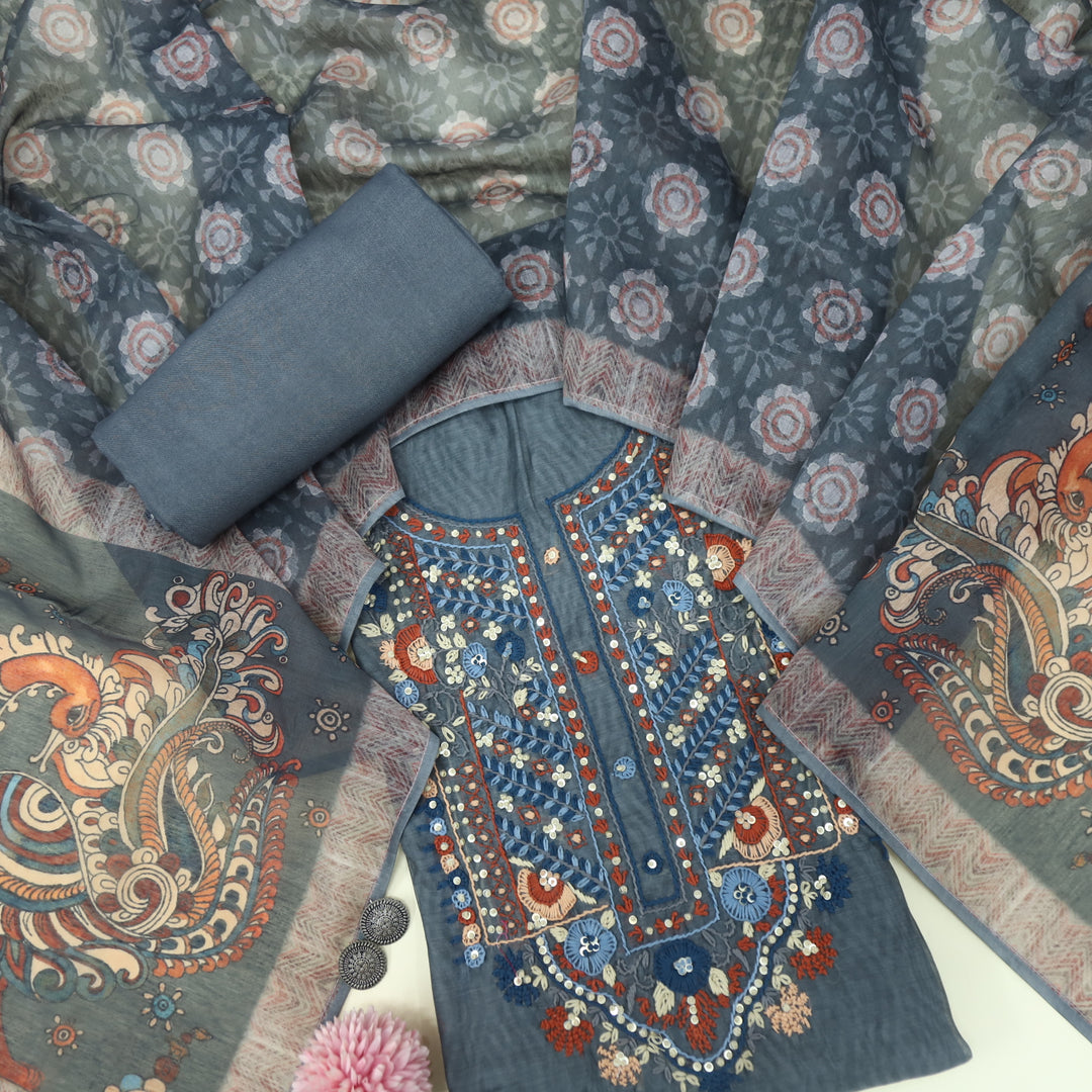 Kohinoor Smoke Grey Chanderi Top with Printed Chanderi Dupatta