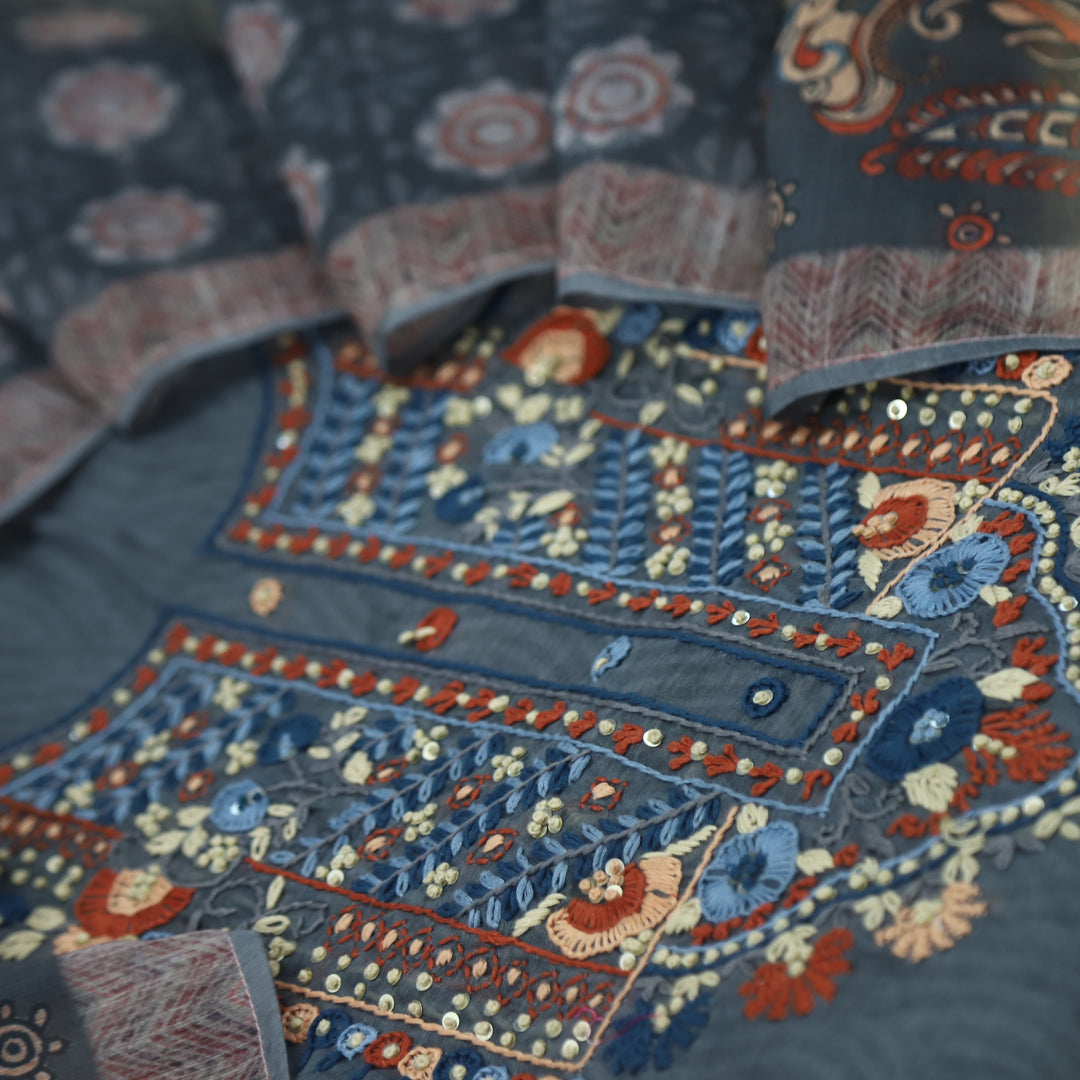 Kohinoor Smoke Grey Chanderi Top with Printed Chanderi Dupatta