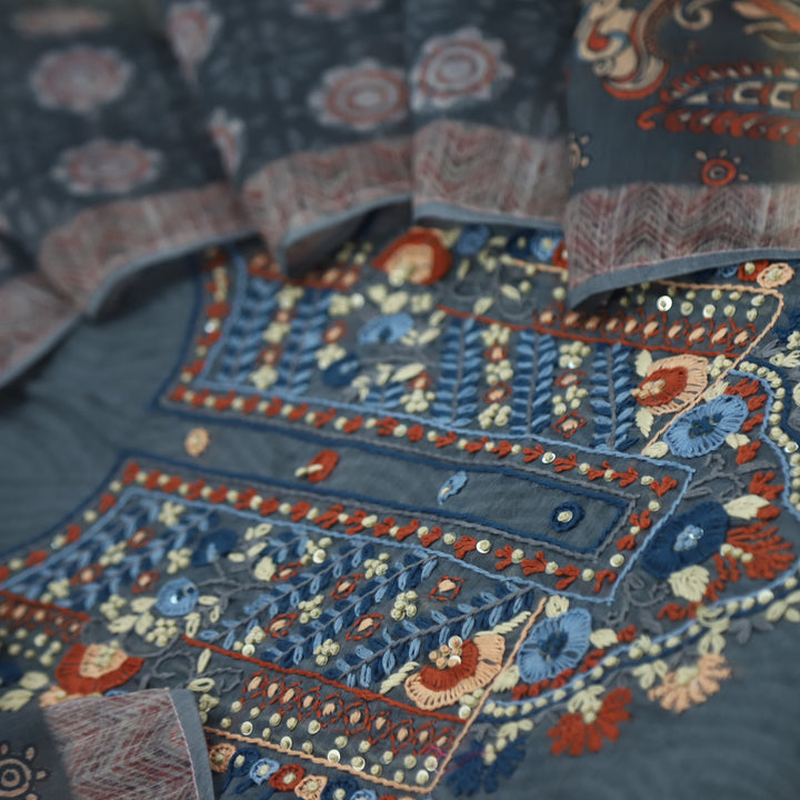 Kohinoor Smoke Grey Chanderi Top with Printed Chanderi Dupatta