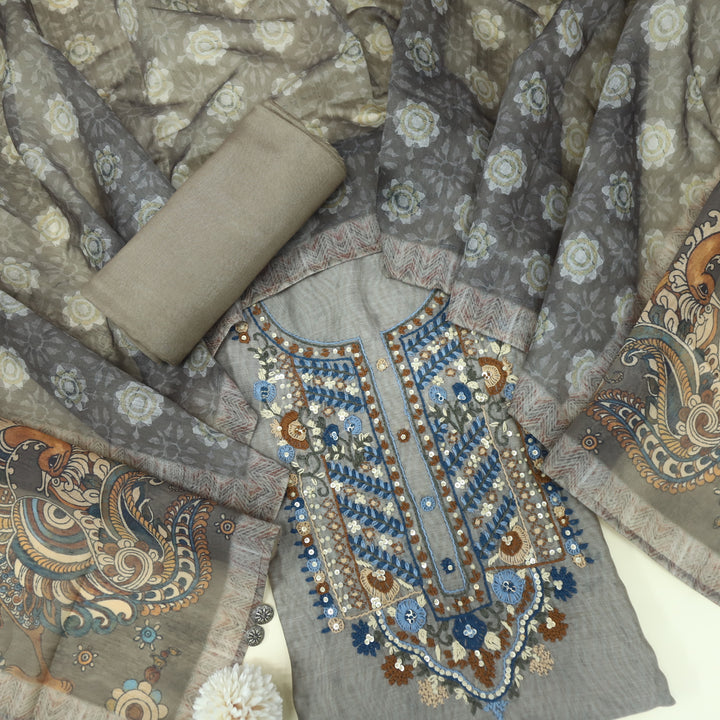 Kohinoor Sand Khaki Chanderi Top with Printed Chanderi Dupatta