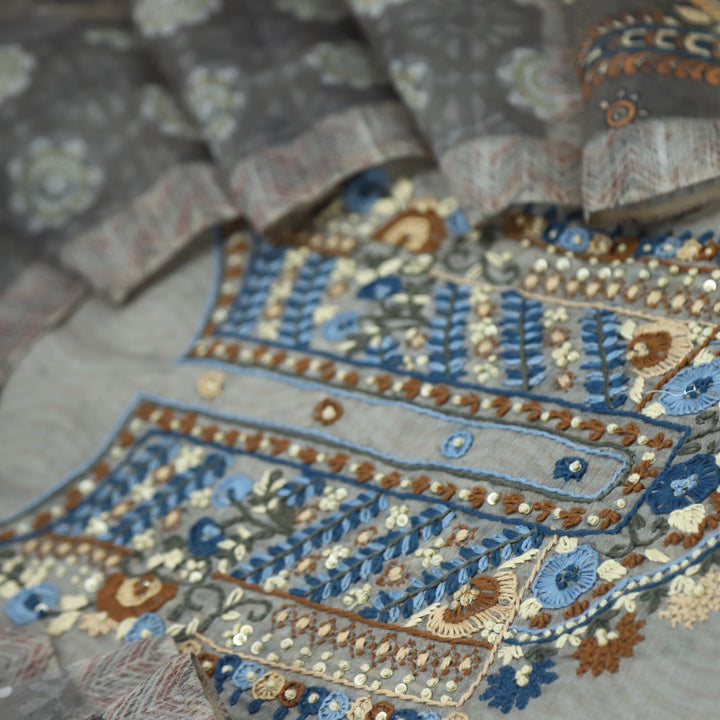 Kohinoor Sand Khaki Chanderi Top with Printed Chanderi Dupatta