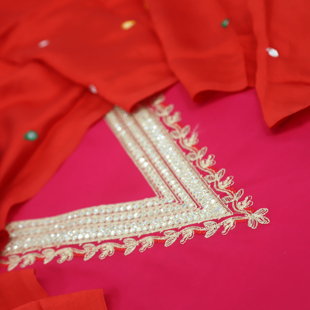 Muntazir Barbie Pink Neck Work Muslin Top with Gajji Silk Dupatta