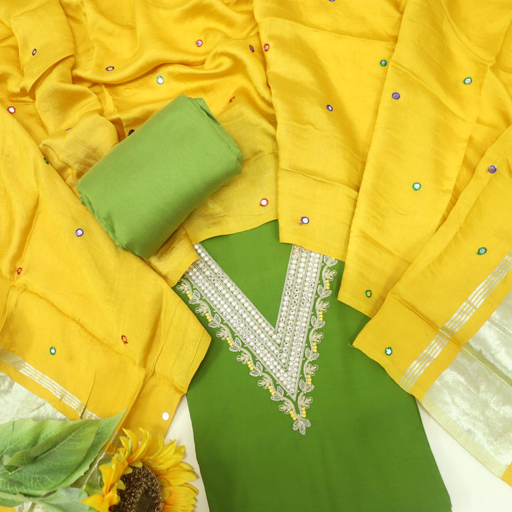 Muntazir Lime Green Neck Work Muslin Top with Gajji Silk Dupatta