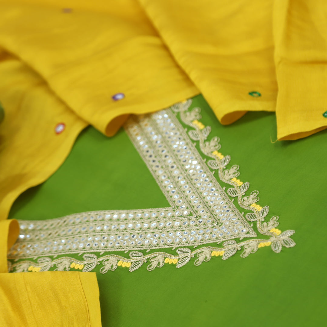 Muntazir Lime Green Neck Work Muslin Top with Gajji Silk Dupatta