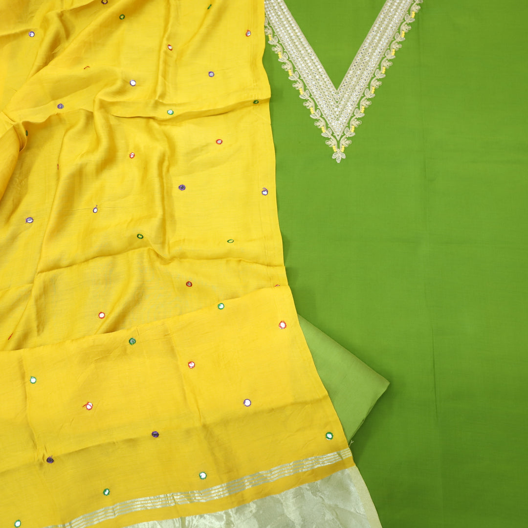 Muntazir Lime Green Neck Work Muslin Top with Gajji Silk Dupatta