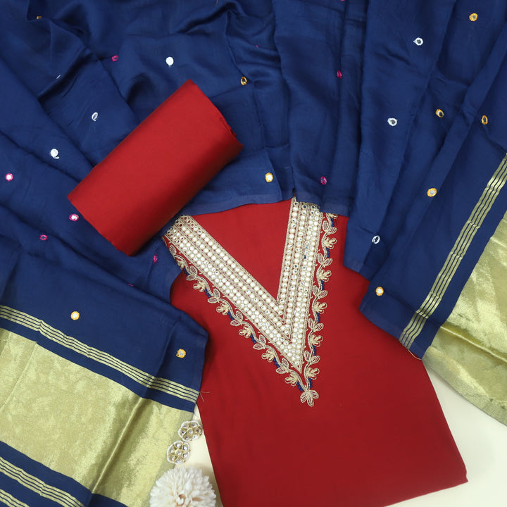 Muntazir Jam Red Neck Work Muslin Top with Gajji Silk Dupatta