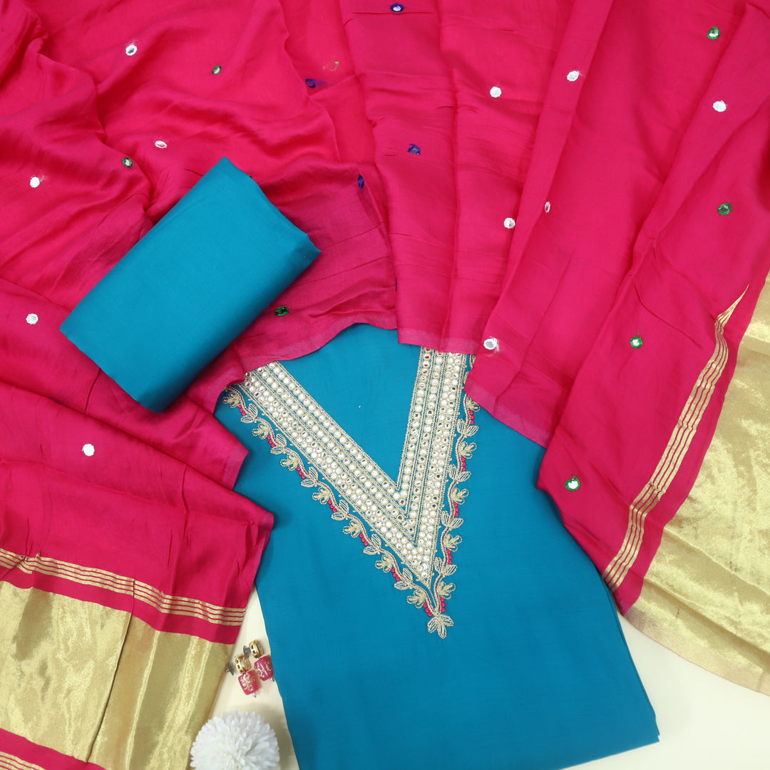 Muntazir Sky Blue Neck Work Muslin Top with Gajji Silk Dupatta
