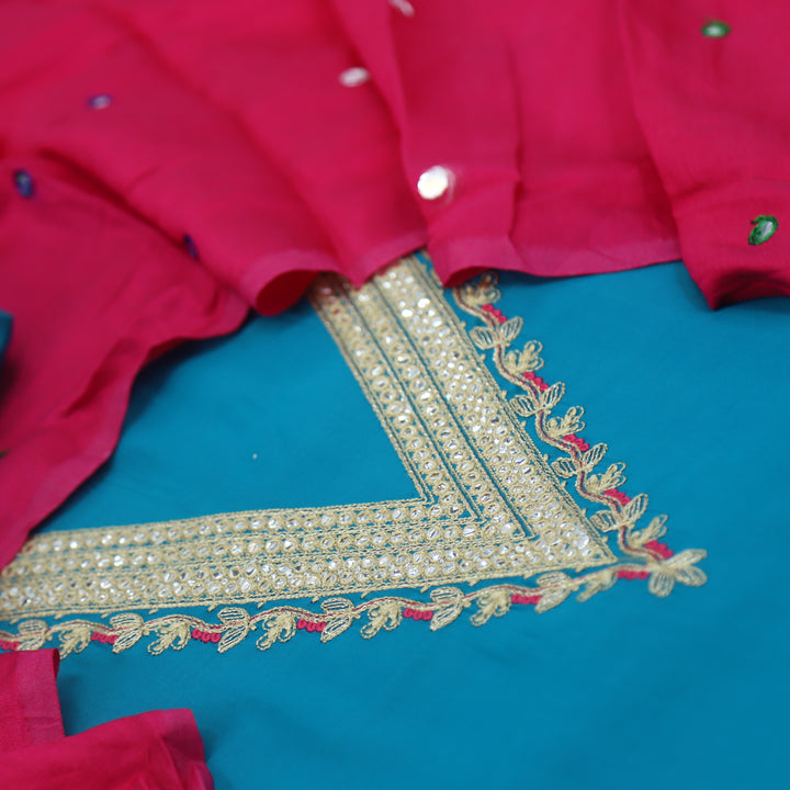 Muntazir Sky Blue Neck Work Muslin Top with Gajji Silk Dupatta