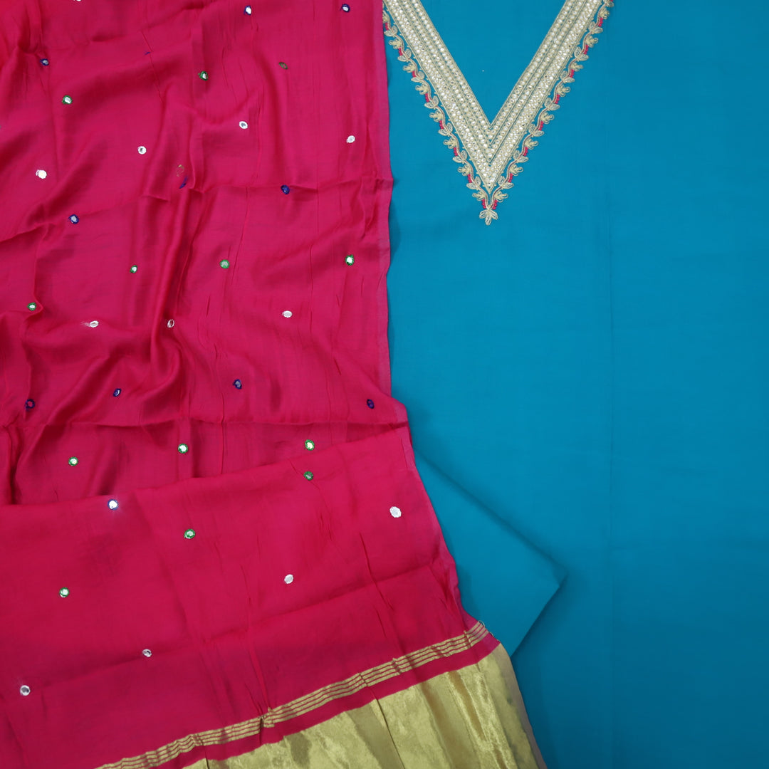 Muntazir Sky Blue Neck Work Muslin Top with Gajji Silk Dupatta