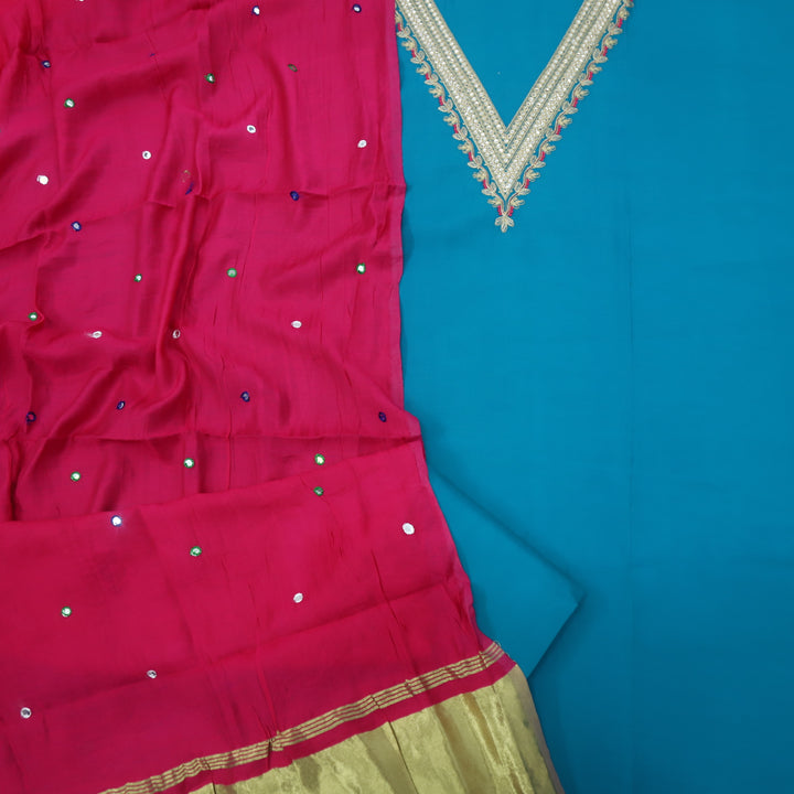 Muntazir Sky Blue Neck Work Muslin Top with Gajji Silk Dupatta