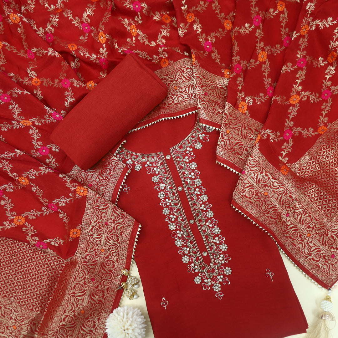 Maahataab Ruby Red Dola Silk Top and Dola Silk Dupatta