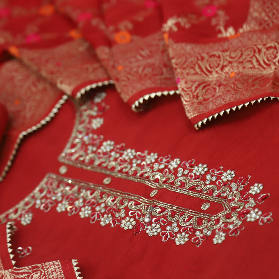 Maahataab Ruby Red Dola Silk Top and Dola Silk Dupatta