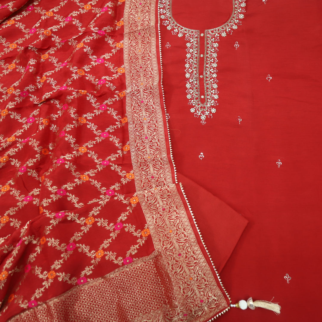 Maahataab Ruby Red Dola Silk Top and Dola Silk Dupatta