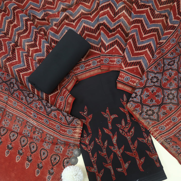 Jang Ebony Black Applique Work Chanderi Top and Dupatta Set