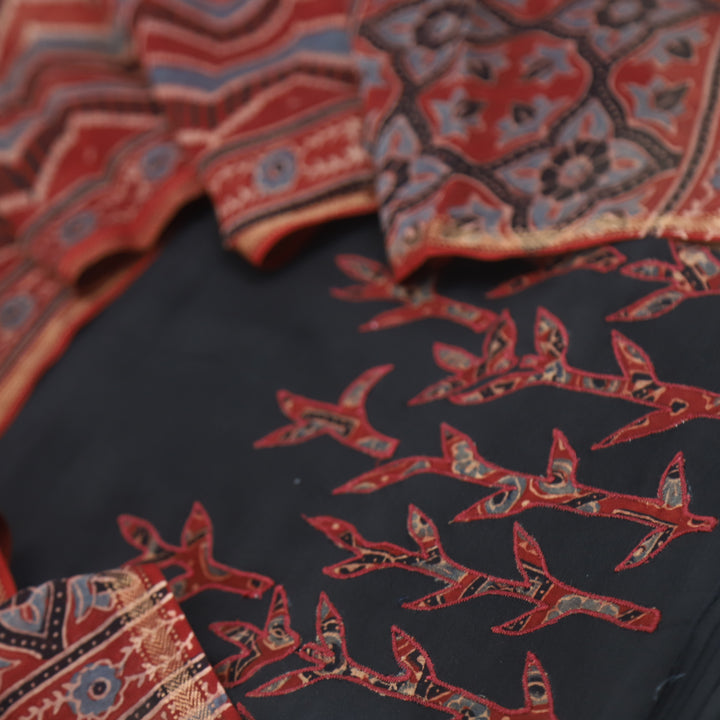Jang Ebony Black Applique Work Chanderi Top and Dupatta Set